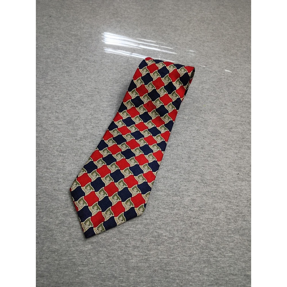Oscar de la Renta Mens Silk Tie Red Navy Blue Geometric Floral Pattern AS5410